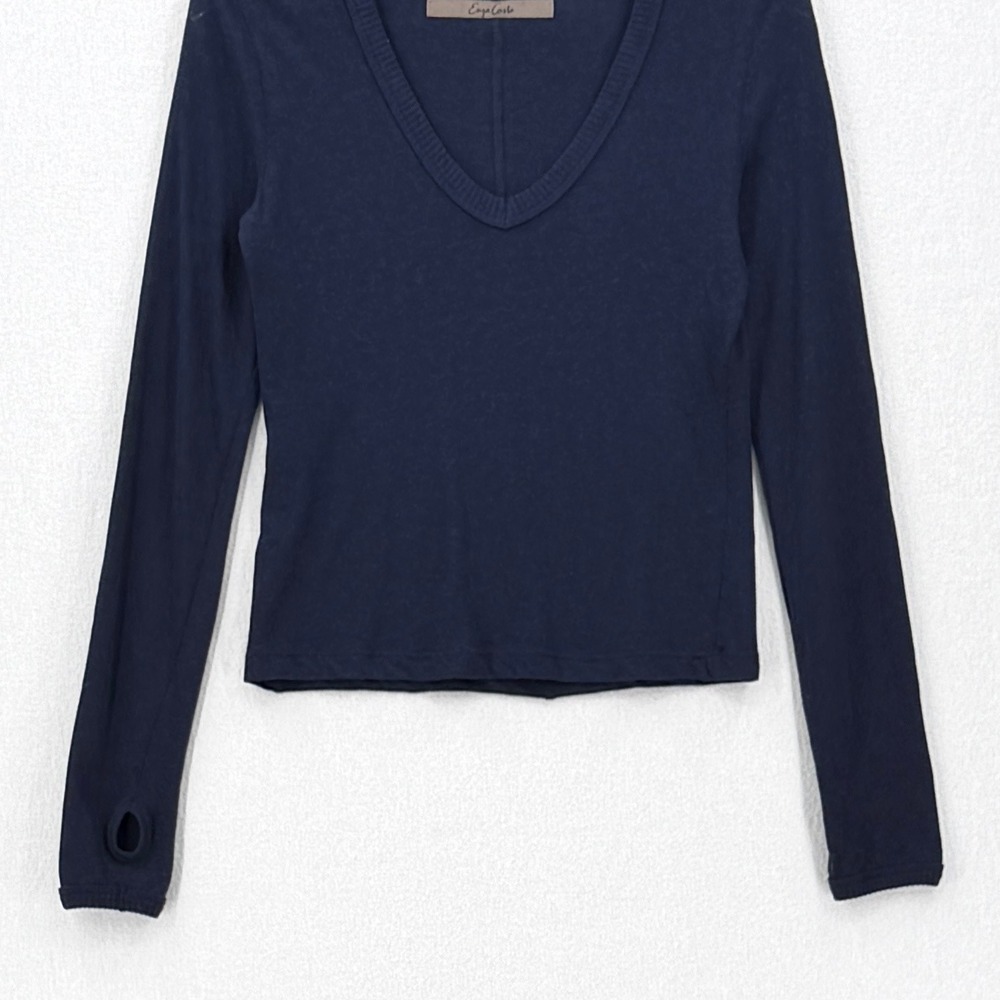 ENZA COSTA Cashmere New Classic V Neck Top Women Small Navy Long Sleeve Jersey - Picture 8 of 13
